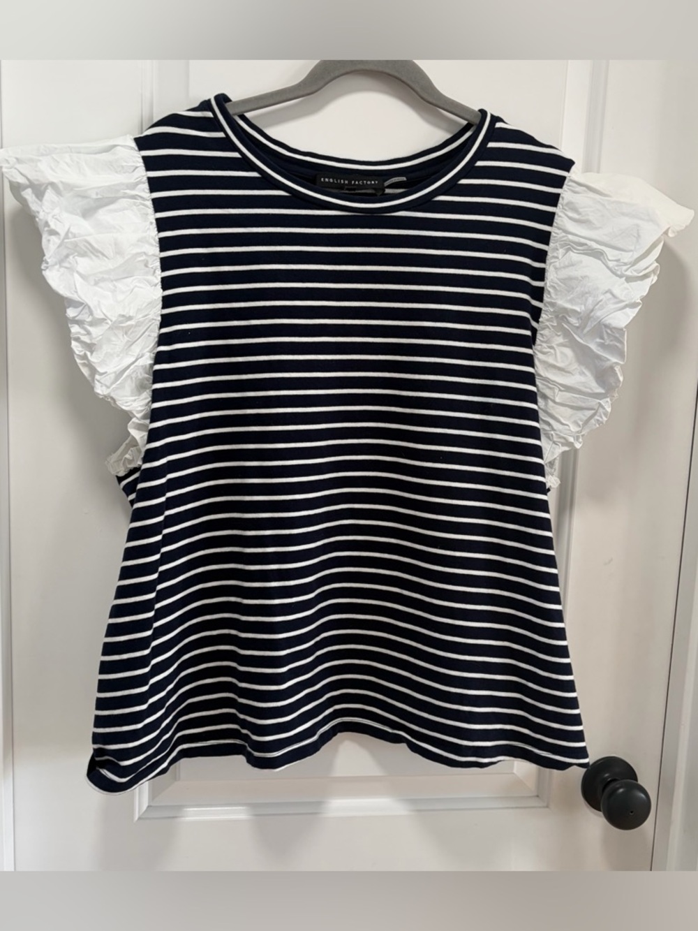 English Factory size 3X Navy Blue White Striped Knit Top w/ Poplin Puff Sleeves